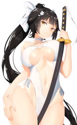 Rule 34 | 1girl, azur lane, bad id, bad pixiv id, bare arms, bare shoulders, between legs, black hair, breasts, breasts apart, brown eyes, casual one-piece swimsuit, closed mouth, collarbone, commentary request, contrapposto, cowboy shot, criss-cross halter, fenrir (fenrir042), floating hair, flower, from below, groin, hair flaps, hair flower, hair ornament, hair ribbon, halterneck, hand on own thigh, head tilt, high ponytail, hip focus, holding, holding sword, holding weapon, katana, large breasts, long hair, looking at viewer, one-piece swimsuit, ponytail, ribbon, scabbard, sheath, sheathed, shiny skin, sidelocks, simple background, solo, standing, strap gap, swimsuit, sword, takao (azur lane), takao (beach rhapsody) (azur lane), thighs, v-shaped eyebrows, very long hair, water drop, weapon, wet, wet hair, white background, white flower, white one-piece swimsuit, white ribbon
