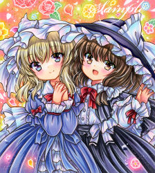 Rule 34 | 2girls, :d, black capelet, black headwear, black skirt, blonde hair, blouse, blush, bow, bowtie, brown eyes, brown hair, buttons, capelet, closed mouth, cowboy shot, dress, dress bow, embellished costume, floral background, flower, frilled bow, frilled hat, frilled shirt, frilled shirt collar, frilled sleeves, frills, hand up, hat, hat bow, head tilt, juliet sleeves, long sleeves, looking at viewer, maribel hearn, marker (medium), medium hair, mob cap, multiple girls, open mouth, own hands together, petals, pink flower, puffy long sleeves, puffy sleeves, purple dress, purple eyes, red bow, red bowtie, red flower, red ribbon, red rose, ribbon, rose, rui (sugar3), sample watermark, shirt, skirt, smile, standing, touhou, traditional media, usami renko, watermark, white bow, white headwear, white shirt, yellow flower