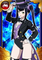 Rule 34 | 00s, 1girl, black bow, black hair, black hat, black thighhighs, bow, bowtie, breasts, card (medium), cleavage, female focus, hair ornament, hand on own hip, hat, ikkitousen, leotard, long hair, looking at viewer, official art, purple shirt, saji genpou (true), shirt, small breasts, solo, thighhighs, torn clothes, torn leotard, torn thighhighs, twintails, yellow eyes