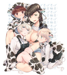 Rule 34 | 4girls, absurdres, aki (girls und panzer), animal ears, animal print, apron, back bow, bell, bikini, black overalls, black skirt, blue jacket, blunt bangs, blush, bottle, bow, breasts, closed mouth, clothes lift, collared shirt, commentary, cow ears, cow hood, cow horns, cow print, cowbell, drawstring, drinking, ear tag, frilled apron, frills, girls und panzer, green eyes, hair tie, half-closed eyes, high-waist skirt, highres, hood, hood up, hoodie, horns, jacket, keizoku military uniform, kneeling, koyama harutarou, large breasts, leaning forward, light brown hair, looking at viewer, low twintails, mikko (girls und panzer), milk bottle, multiple girls, neck bell, no pants, open clothes, open jacket, open mouth, overall shorts, overalls, pantyhose, pompadour, print bikini, print hoodie, print socks, red eyes, red hair, shirt, shirt lift, short hair, short twintails, sitting, skirt, smile, socks, swimsuit, track jacket, twintails, white apron, white hair, white pantyhose, white shirt, youko (girls und panzer), yuri (girls und panzer)