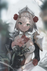 Rule 34 | 1girl, absurdres, armor, armored dress, blurry, blurry background, character name, commentary, dress, flower, gauntlets, genshin impact, green eyes, hair flower, hair ornament, highres, holding, holding pot, light brown hair, looking at viewer, neckerchief, noelle (genshin impact), parted lips, pink flower, plant, pot, potted plant, red flower, red neckerchief, short hair, shoulder armor, smile, solo, upper body, white dress, zygocactus