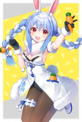 Rule 34 | 1girl, animal ears, arm up, armpits, black gloves, black pantyhose, blue hair, braid, breasts, bridal garter, carrot, carrot hair ornament, detached sleeves, don-chan (usada pekora), eyebrows, food-themed hair ornament, full body, fur-trimmed gloves, fur trim, gloves, hair ornament, highres, hikimayu, holding, holding carrot, hololive, long hair, looking at viewer, multicolored hair, natsuno io, open mouth, pantyhose, rabbit ears, rabbit girl, rabbit tail, small breasts, solo, tail, teeth, thick eyebrows, twin braids, two-tone hair, usada pekora, usada pekora (1st costume), virtual youtuber, white hair, yellow eyes