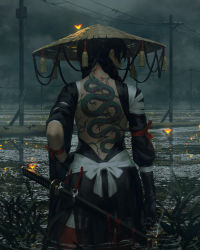 Rule 34 | 1girl, back tattoo, bare back, bird, black gloves, black hair, braid, cigarette, cloud, cloudy sky, crow, day, dragon tattoo, facing away, from behind, gloves, glowing, grey sky, guweiz, hand on own hip, hat, highres, japanese clothes, katana, long hair, original, outdoors, power lines, red thighhighs, scabbard, sheath, sheathed, sky, solo, standing, straw hat, sword, tattoo, thighhighs, twin braids, utility pole, wading, walking, water, weapon, wristband