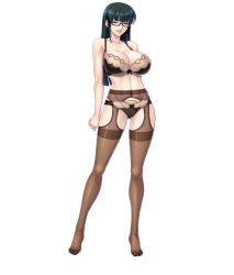 Rule 34 | 1girl, black hair, bra, breasts, brown eyes, cara the blood lord, cleavage, contrapposto, crotchless, crotchless pantyhose, full body, glasses, green hair, highres, kagami hirotaka, lace, lace-trimmed bra, lace trim, large breasts, lilith-soft, lingerie, long hair, looking at viewer, no shoes, panties, pantyhose, parted lips, semi-rimless eyewear, shiny skin, simple background, smile, solo, standing, uehara kitae, under-rim eyewear, underwear, underwear only, white background