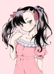 Rule 34 | 1girl, :&lt;, asymmetrical bangs, black hair, blush, collarbone, creatures (company), dress, emapippi, floating hair, frilled dress, frills, game freak, green eyes, hair ribbon, highres, long hair, looking at viewer, marnie (pokemon), nintendo, pink background, pink dress, pokemon, pokemon swsh, red ribbon, ribbon, short sleeves, simple background, solo, strapless, strapless dress, upper body