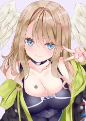 Rule 34 | 1girl, bare shoulders, black bodysuit, black jacket, blue eyes, blush, bodysuit, breasts, brown hair, cleavage, closed mouth, collarbone, eunie (xenoblade), feathered wings, hair between eyes, hand up, head wings, highres, jacket, long hair, long sleeves, looking at viewer, medium breasts, nanase nao, off shoulder, open clothes, open jacket, pink background, simple background, sleeveless, sleeveless bodysuit, sleeves past wrists, smile, solo, v, white wings, wings, xenoblade chronicles (series), xenoblade chronicles 3
