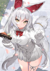 Rule 34 | 1girl, animal ears, blouse, bow, bowtie, commentary request, day, fox ears, fox tail, from above, fur trim, gloves, holding, kemono friends, kemono friends 3, long hair, miniskirt, nauribon, oinari-sama (kemono friends), outdoors, pleated skirt, red bow, red bowtie, red ribbon, ribbon, shirt, silver hair, skirt, smile, solo, tail, white gloves, white shirt, white skirt, yellow eyes