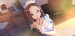 Rule 34 | 1boy, 1girl, blue reflection (series), blue reflection sun, breasts, cleavage, game cg, hat, highres, ikoma ayami, large breasts, nurse cap, sucking finger