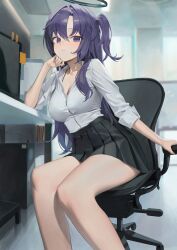 Rule 34 | 1girl, absurdres, black skirt, blue archive, breasts, chair, cleavage, closed mouth, collared shirt, feet out of frame, hair between eyes, halo, highres, indoors, long hair, looking at viewer, mechanical halo, medium breasts, monitor, pleated skirt, purple eyes, purple hair, shirt, shirt tucked in, sitting, skirt, sleeves rolled up, solo, swivel chair, two side up, white shirt, xi xeong, yuuka (blue archive)