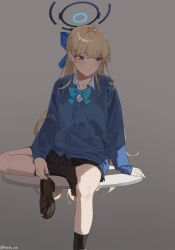 Rule 34 | 1girl, black skirt, black socks, blonde hair, blue archive, blue bow, blue bowtie, blue eyes, blue hair, blue nails, blunt bangs, blush, bow, bowtie, brown footwear, closed mouth, collared shirt, commentary, corrupted twitter file, grey background, hair bow, halo, highres, holding, holding clothes, holding footwear, loafers, long hair, long sleeves, looking down, mads ez, multicolored hair, school uniform, shade, shirt, shoes, simple background, sitting, skirt, socks, solo, streaked hair, toki (blue archive), twitter username, unworn shoes, upper body, very long hair, white shirt