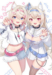 Rule 34 | 2girls, absurdres, animal ear fluff, animal ears, arpeggio kaga, bandaid, bandaid hair ornament, belt, belt collar, black collar, blonde hair, blue belt, blue hair, breasts, cleavage, cleavage cutout, clothing cutout, collar, cropped shirt, dog ears, dog girl, dog tail, dress, fang, fishnet thighhighs, fishnets, frilled shorts, frills, fuwawa abyssgard, fuwawa abyssgard (1st costume), hair ornament, hairpin, headphones, headphones around neck, highres, hololive, hololive english, large breasts, long hair, looking at viewer, medium hair, mococo abyssgard, mococo abyssgard (1st costume), multicolored hair, multiple girls, navel, open mouth, pink belt, pink hair, shirt, short dress, short shorts, shorts, siblings, sidelocks, single thighhigh, sisters, skin fang, small breasts, smile, spiked collar, spikes, streaked hair, tail, thighhighs, twins, two side up, virtual youtuber, white background, white dress, white shirt, white shorts, x hair ornament