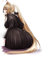 Rule 34 | 10s, 1girl, amagi brilliant park, ass, back, blush, brown hair, business suit, formal, from behind, huge ass, long hair, looking at viewer, office lady, pencil skirt, pinstripe pattern, pinstripe suit, ponytail, profile, ruuto (sorufu), sento isuzu, sitting, skirt, solo, striped, suit, very long hair, wide hips