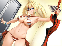 Rule 34 | 1girl, armpits, bare arms, bare legs, bare shoulders, bikini, black-framed eyewear, blonde hair, blue eyes, blush, breasts, cleavage, closed mouth, clownculture, cosplay, covered erect nipples, cowboy shot, earrings, fate/grand order, fate (series), glasses, groin, highres, holding, indoors, jewelry, large breasts, legs, legs apart, looking at viewer, nero claudius (fate), nero claudius (fate) (all), nero claudius (fate/extra), nero claudius (fate/extra) (cosplay), nero claudius (swimsuit caster) (fate), original, outstretched arms, smile, solo, standing, string bikini, swimsuit, thighs, twintails, weapon