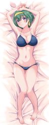 Rule 34 | 1girl, armpits, arms up, artist request, bikini, blue bikini, blush, breasts, cleavage, closed mouth, collarbone, dakimakura (medium), female focus, green hair, groin, hair ornament, hairband, highres, lapis re:lights, large breasts, looking at viewer, lying, lynette (lapis re:lights), navel, on back, on bed, purple eyes, shiny clothes, short hair, side-tie bikini bottom, solo, swimsuit
