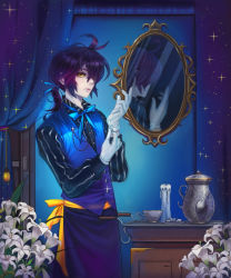 Rule 34 | 1boy, ahoge, apron, blue bow, blue bowtie, blue theme, bow, bowtie, butler, candle, cup, curtains, flower, glint, gloves, hair over eyes, hair over one eye, hair ribbon, highres, lily (flower), lips, male focus, mirror, one eye covered, original, pale skin, ponytail, purple hair, reflection, ribbon, rrose, shirt, solo, standing, starry sky print, striped clothes, striped shirt, sugar cube, tassel, teacup, teapot, trolley, vest, white gloves, yellow eyes