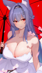 Rule 34 | 1girl, absurdres, alternate breast size, animal ear fluff, animal ears, azur promilia, bare shoulders, black hairband, blue hair, breasts, cleavage, clisapex, dress, hairband, highres, holding, holding umbrella, huge breasts, long hair, looking to the side, red eyes, red umbrella, sleeveless, sleeveless dress, solo, strapless, strapless dress, umbrella, upper body, very long hair, white dress
