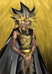 Rule 34 | 1boy, alternate costume, armlet, atem, black cape, black hair, black shirt, blonde hair, bracelet, cape, closed mouth, commentary request, dark-skinned male, dark skin, ear piercing, fushitasu, grey hair, jewelry, male focus, own hands together, piercing, ring, shirt, solo, spiked hair, yellow eyes, yu-gi-oh!, yu-gi-oh! duel monsters