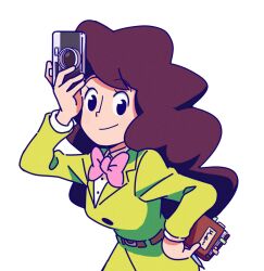 Rule 34 | 1girl, belt, bleu calire, blue eyes, book, bow, bowtie, brown belt, brown hair, camera, closed mouth, collared shirt, dress, green dress, hand on own hip, hand up, highres, holding, holding book, holding camera, long hair, long sleeves, looking at viewer, pink bow, pink bowtie, professor layton, remi altava, shirt, simple background, smile, solo, standing, wavy hair, white background, white shirt