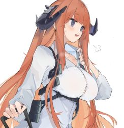 Rule 34 | 1girl, arknights, bagpipe (arknights), blue eyes, blush, breasts, button gap, collar tug, collared shirt, cowboy shot, dragon horns, highres, horns, hot, large breasts, long hair, long sleeves, mikozin, open mouth, orange hair, shirt, sidelocks, sigh, simple background, solo, straight hair, strap, sweat, white background, white shirt, wing collar