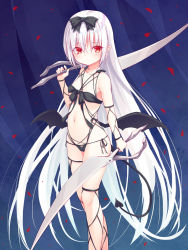 Rule 34 | 1girl, bare shoulders, bikini, black bikini, black wings, bow, breasts, closed mouth, collarbone, commentary request, demon girl, demon tail, demon wings, dual wielding, feet out of frame, hair between eyes, hair bow, highres, holding, holding sword, holding weapon, long hair, looking at viewer, low wings, navel, original, petals, pointy ears, red eyes, small breasts, solo, standing, swimsuit, sword, tail, very long hair, weapon, white hair, wings, yuku (kiollion)