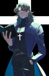 Rule 34 | 1boy, black background, black pants, blue eyes, book, brown hair, cross, cross background, cross necklace, fate/grand order, fate (series), hand in pocket, highres, holding, holding book, jewelry, kotomine kirei, long hair, long sleeves, male focus, necklace, open book, pants, parted bangs, priest, shirasugawa (yuusha), solo