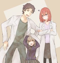Rule 34 | 1boy, 2girls, aged down, aged up, alternate hairstyle, amane suzuha, black hair, braid, breasts, cowboy shot, crossed arms, facial hair, hair between eyes, lab coat, light brown hair, looking at another, makise kurisu, miniskirt, multiple girls, okabe rintarou, open mouth, pants, pantyhose, parted bangs, purple eyes, red hair, shirt, short hair, skirt, small breasts, steins;gate, stubble, sweatdrop, sweater, twin braids, under another&#039;s clothes, yellow eyes, yugure