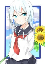 Rule 34 | 1girl, anchor symbol, arms behind back, black sailor collar, black skirt, blue eyes, blue sky, blush, cloud, cloudy sky, commentary request, day, flower, hair between eyes, head tilt, hibiki (kancolle), holding, holding flower, kantai collection, long hair, long sleeves, looking at viewer, necktie, no headwear, pleated skirt, rateratte, red necktie, sailor collar, school uniform, serafuku, shirt, silver hair, skirt, sky, smile, solo, sunflower, very long hair, white shirt, yellow flower