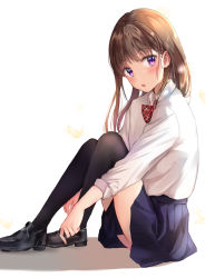 Rule 34 | 1girl, black footwear, black thighhighs, blue skirt, blush, bow, bowtie, brown hair, collared shirt, commentary request, diagonal-striped bow, diagonal-striped bowtie, diagonal-striped clothes, diagonal-striped neckwear, full body, knees up, kubong, loafers, long hair, long sleeves, original, pleated skirt, purple eyes, red neckwear, school uniform, shadow, shirt, shoes, sitting, skirt, solo, striped bow, striped bowtie, striped clothes, striped neckwear, thighhighs, white background, white shirt