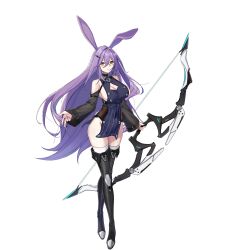 Rule 34 | 1girl, animal ears, black thighhighs, bow (weapon), breasts, cleavage cutout, clothing cutout, counter:side, full body, highres, holding, holding bow (weapon), holding weapon, judy (counter:side), large breasts, long hair, looking at viewer, official art, pelvic curtain, purple hair, rabbit ears, side slit, solo, tachi-e, thighhighs, third-party source, transparent background, weapon, wide sleeves, yellow eyes