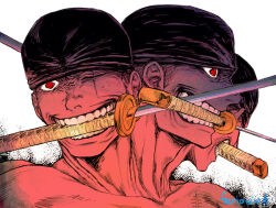 Rule 34 | 1boy, alternate form, artist name, ashura (one piece), bandana, black bandana, feriowind, holding, holding sword, holding weapon, katana, male focus, mouth hold, multiple heads, one eye closed, one piece, red eyes, roronoa zoro, scar, scar across eye, scar on face, short hair, simple background, solo, sword, teeth, topless male, triple wielding, weapon, weapon in mouth, white background