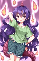 Rule 34 | 1girl, arm behind back, blush, clothes writing, collarbone, commentary request, fire, green shirt, green shorts, hair between eyes, highres, horns, long hair, looking at viewer, open mouth, plaid, plaid shorts, pointy ears, purple background, purple hair, ruu (tksymkw), shirt, short sleeves, shorts, single horn, solo, tail, tenkajin chiyari, test tube, touhou
