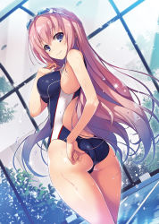 Rule 34 | 1girl, adjusting clothes, adjusting swimsuit, ass, blue eyes, breasts, goggles, goggles on head, ichinose honami (youjitsu), impossible clothes, impossible swimsuit, large breasts, long hair, looking at viewer, looking back, official art, one-piece swimsuit, pink hair, pool, smile, solo, swimsuit, tomose shunsaku, very long hair, youkoso jitsuryoku shijou shugi no kyoshitsu, youkoso jitsuryoku shijou shugi no kyoushitsu e
