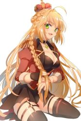 Rule 34 | 10s, 1girl, black gloves, black skirt, black thighhighs, blonde hair, braid, breasts, cleavage, collar, collarbone, crown, crown braid, echo (circa), fate/extra, fate (series), fingerless gloves, french braid, garter straps, gloves, green eyes, jewelry, kneeling, long hair, long sleeves, medium breasts, miniskirt, necklace, nero claudius (fate), nero claudius (fate) (all), nero claudius (fate/extra), nero claudius (return match) (fate), official alternate costume, pleated skirt, shiny clothes, shiny skin, side braid, simple background, single glove, skirt, solo, thigh strap, thighhighs, very long hair, white background, zettai ryouiki