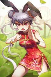 Rule 34 | 1girl, animal ears, bell, bow, bracelet, rabbit ears, china dress, chinese clothes, double bun, dress, eyebrows, fang, gilse, grey hair, jewelry, lowres, open mouth, red eyes, ribbon, solo, sword girls, wind sneaker