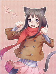 Rule 34 | 1girl, :d, animal ears, argyle, argyle background, argyle clothes, black hair, border, cat ears, cat tail, clenched hands, esukee, long hair, open mouth, original, outline, pantyhose, scarf, skirt, smile, solo, striped, tail