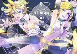 Rule 34 | 1boy, 1girl, aqua eyes, arm warmers, armpits, arms up, bare shoulders, blonde hair, blush, brother and sister, detached sleeves, fingerless gloves, gloves, hair ornament, hair ribbon, hairclip, headphones, highres, kagamine len, kagamine len (append), kagamine rin, kagamine rin (append), leg warmers, navel, open mouth, ponytail, popped collar, ribbon, short hair, shorts, siblings, smile, stregoicavar, thighhighs, twins, vocaloid, vocaloid append