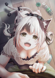 Rule 34 | 1boy, 1girl, :d, animal ears, black hair, breasts, brown eyes, cat ears, cat girl, cat tail, cleavage, downblouse, fangs, from above, kurono mitsuki, long hair, looking at viewer, looking up, medium breasts, multicolored hair, open mouth, original, pov, shirt, short sleeves, silver hair, slit pupils, smile, tail, twintails, two-tone hair, very long hair, white shirt, wooden floor