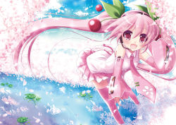 Rule 34 | 1girl, boots, cherry, detached sleeves, food, fruit, hatsune miku, headset, leaning forward, lily pad, long hair, looking at viewer, musical note, necktie, open mouth, petals, pink eyes, pink footwear, pink hair, sakura miku, skirt, solo, thighhighs, tougo, twintails, very long hair, vocaloid, wading