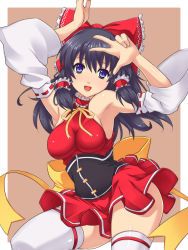 Rule 34 | 1girl, :d, armpits, arms up, bare shoulders, bitaraga, black hair, blue eyes, bow, brown background, choker, corset, curvy, detached sleeves, dress, female focus, frills, hair bow, hair tubes, hakurei reimu, head tilt, hip focus, impossible clothes, impossible shirt, japanese clothes, large bow, long hair, looking at viewer, miko, no bra, open mouth, ribbon, shiny clothes, shiny skin, shirt, short dress, simple background, skindentation, smile, solo, thick thighs, thighhighs, thighs, touhou, v, white thighhighs, wide hips, wide sleeves, zettai ryouiki