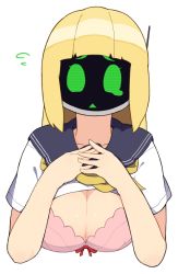 Rule 34 | 1girl, accio, blonde hair, bra, breasts, cleavage, clothes lift, green eyes, large breasts, long hair, monitor, object head, original, pink bra, school uniform, shirt lift, simple background, solo, tears, underwear, white background