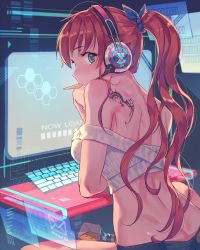 Rule 34 | 1girl, ass, back, back tattoo, breasts, butt crack, from behind, green eyes, hair ribbon, headphones, highres, holographic interface, holographic keyboard, leaning forward, long hair, looking back, mansu, medium breasts, midriff, mouth hold, nape, no bra, off shoulder, original, ponytail, red hair, ribbon, short shorts, shorts, shoulder blades, sitting, snack, solo, strapless, tattoo, tube top