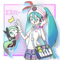 Rule 34 | 1girl, :d, bag, beanie, blue bag, blue eyes, blue hair, blush, bracelet, collared shirt, commentary, creatures (company), game freak, gen 5 pokemon, gloves, grey skirt, hair between eyes, hair ribbon, hand on headphones, hands up, hat, hatsune miku, headphones, high five, highres, jewelry, kasang card, legendary pokemon, long hair, meloetta, meloetta (aria), mythical pokemon, nintendo, one eye closed, open mouth, piano print, plaid, plaid skirt, pleated skirt, pokemon, pokemon (creature), polo shirt, project voltage, psychic miku (project voltage), red ribbon, ribbon, shirt, short sleeves, shoulder bag, single glove, skirt, smile, standing, symbol-only commentary, twintails, very long hair, vocaloid, white gloves, white headwear, white shirt
