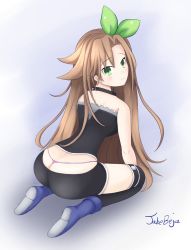 Rule 34 | 1girl, artist name, ass, backboob, bare shoulders, blush, boots, bow, breasts, brown hair, choker, from behind, green eyes, hair bow, highres, if (neptunia), jabebeja, kneeling, long hair, looking at viewer, looking back, neptune (series), short shorts, shorts, solo, thighhighs, thong, very long hair, whale tail (clothing)