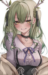 Rule 34 | 1girl, ceres fauna, green hair, grin, highres, holocouncil, hololive, hololive english, looking at viewer, medium hair, simple background, smile, solo, takida 185, two side up, virtual youtuber, yellow eyes