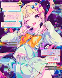 Rule 34 | 1girl, :p, abstract background, absurdres, blonde hair, blue bow, blue hair, blue nails, bow, chouzetsusaikawa tenshi-chan, cowboy shot, distortion, emoji, glitch, hair bow, hair ornament, halo, heart, heart hair ornament, highres, holographic clothing, index finger raised, long hair, long sleeves, looking at viewer, multicolored hair, multicolored nails, multiple hair bows, nagil (myway09), navel, needy girl overdose, one eye closed, pink bow, pink hair, pink nails, pleading face emoji, pleated skirt, purple bow, purple eyes, quad tails, sailor collar, school uniform, serafuku, skirt, smile, solo, tongue, tongue out, very long hair, yellow bow, yellow nails