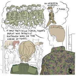 Rule 34 | 6+boys, 6+girls, absurdres, artist logo, barefoot, bed, blonde hair, boots, brown hair, bunk bed, camouflage, camouflage jacket, english text, finnish army, from behind, green headwear, green jacket, green pants, green sweater, hat, highres, jacket, military, military uniform, multiple boys, multiple girls, original, ostwindprojekt, pants, partially colored, shirt, shirt tucked in, short hair, shorts, sketch, standing at attention, sweater, uniform, walking, white background