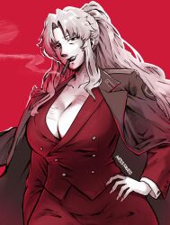 Rule 34 | 1girl, balalaika (black lagoon), black lagoon, breasts, brown coat, burn scar, cigar, coat, coat on shoulders, commentary, curvy, english commentary, formal, hand on own hip, highres, large breasts, long coat, long hair, looking at viewer, mature female, miss faves, mole, mole under eye, no bra, pencil skirt, ponytail, red background, red lips, red suit, red theme, scar, scar across eye, scar on breasts, scar on face, scar on neck, sidelocks, skirt, skirt suit, smoking, solo, spot color, suit, taut clothes, teeth, trench coat