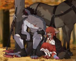 Rule 34 | 1boy, 1girl, :t, body fur, braid, bread, claws, coat, coat on shoulders, eating, fish7163, food, french braid, furry, grass, grey fur, highres, holding, holding food, horse, long skirt, orange eyes, orange hair, original, outdoors, red skirt, scar, scar on chest, signature, sitting, skirt, sword, topless male, tree, tree stump, weapon
