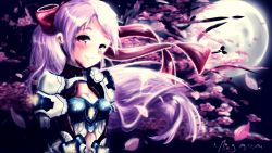 Rule 34 | 1girl, armor, blush, bow, breasts, cherry blossoms, cleavage, cutie honey, female focus, fiesta online, flower, hair bow, long hair, mingarts, moon, night, petals, pink hair, ponytail, red eyes, ribbon, smile, solo, wind