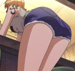 Rule 34 | 1girl, ass, ass focus, bare shoulders, bent over, counter, denim, denim shorts, from behind, highres, nami (one piece), one piece, orange hair, screencap, short hair, short shorts, shorts, shoulder tattoo, sleeveless, solo, tattoo, thighs, third-party edit